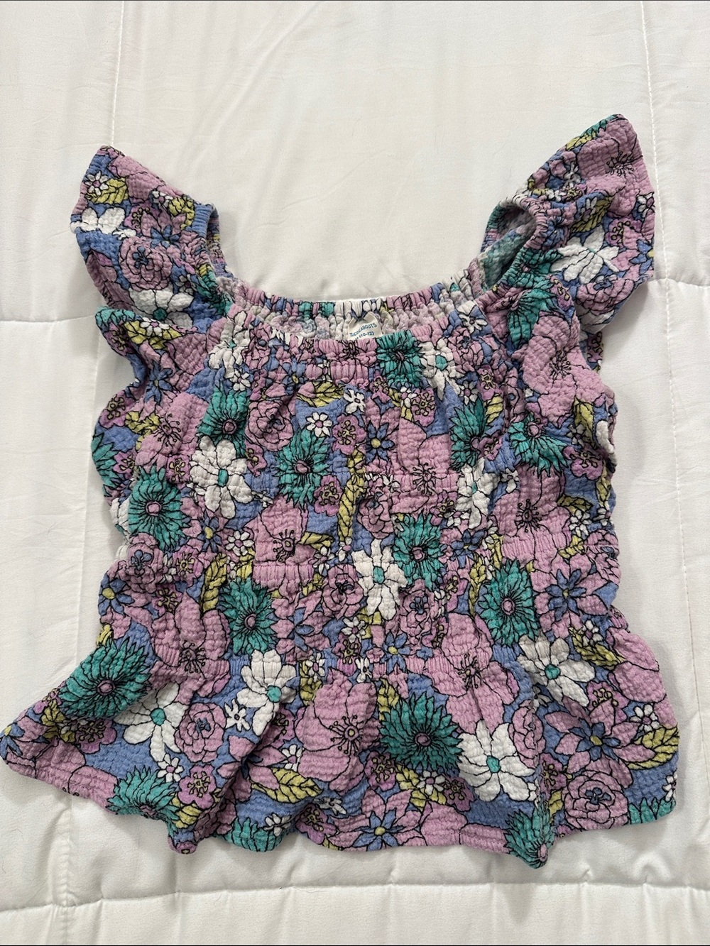 Girls Lavender Floral Smocked Top with Flutter Sleeves
